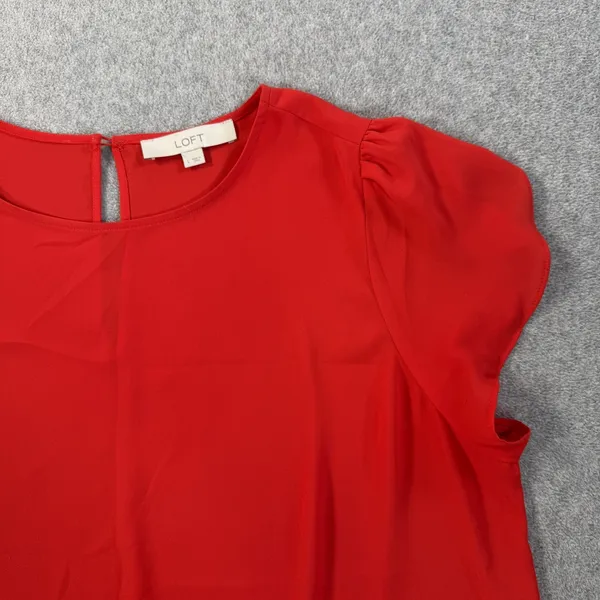 LOFT Women's Large Peplum Top Blouse Red Sheer Keyhole Back Short Sleeve - Image 2