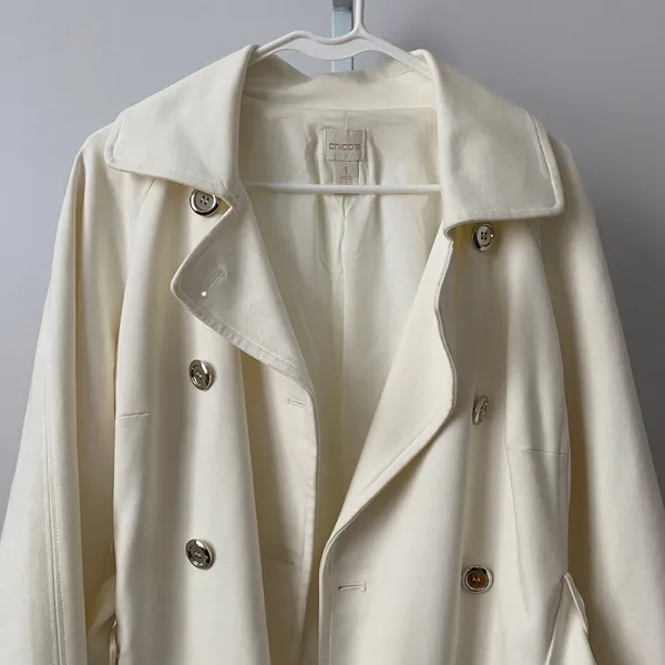 Chico's‎ 1 Cream Double Breasted Belted Trench Jacket Short Coat 3/4 Sleeve - Image 2