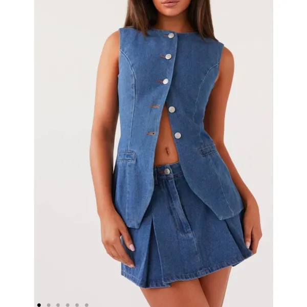 Peppermayo Vest Born for Bordeaux & Mini Skirt Ashlyn Set Denim Size US0 Blue - Image 5