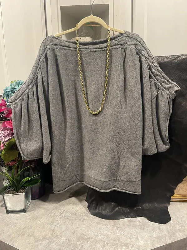 KYE MI Wool Blend Gray 3/4 Dolman Butterfly Sleeve Knit Sweater Women's L - Image 4
