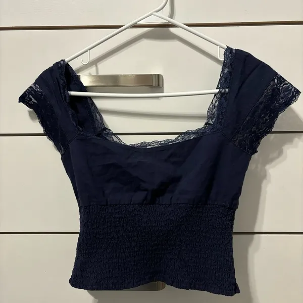 Fab Rik Navy Blue Lace Button Front Blouse - Image 3