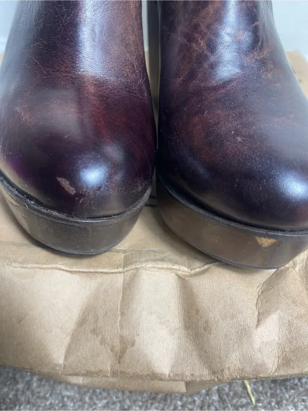 BED STU Bruges Teak Rustic Brown Leather Bootie Boots Slouch Wooden Wedge Sz 8.5 - Image 7