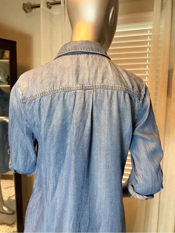 Reba 100% Tencel Chambray Denim Blue Shirt Dress Small Western Pockets Casual - Image 7