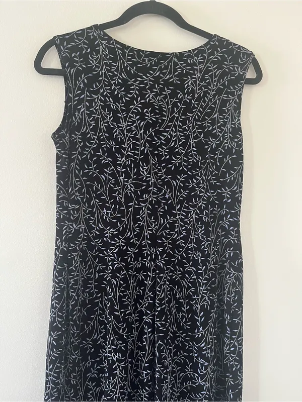 Vintage 90s Black Blue Floral Botanical Embroidered Midi Dress 6 Resort Tropical - Image 7