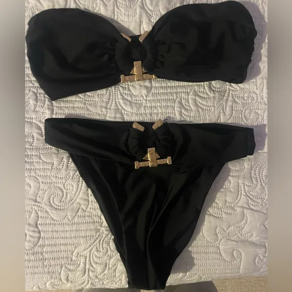 Black Hammered Trim Bandeau Bikini Top And Bottom Us M - Image 6