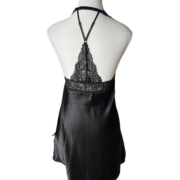 Victoria's Secret Black Satin Lace‎ Halter Chemise Nightgown Women's Small - Image 3
