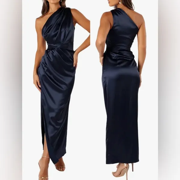 NEW Petal & Pup Nadia One-Shoulder Satin Maxi Navy Dress sz 4 - Image 2