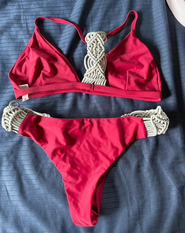Wine Red And Grey Macramé Bikini Set. Medium. - Image 3
