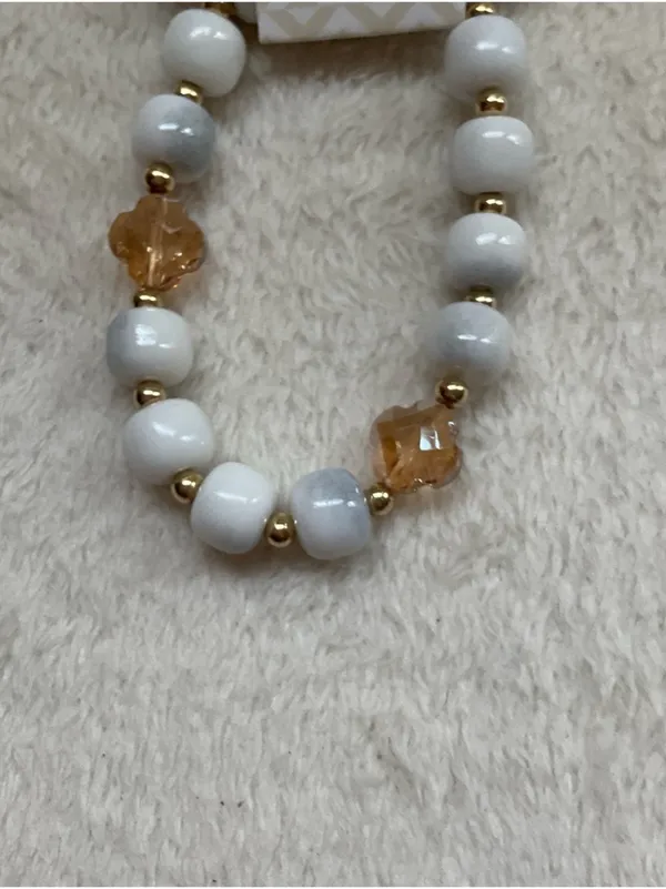 White Beaded Necklace with Gold and Amber Accents - Image 3