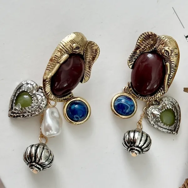Elephant Gold Dangle Charms earrings Gems Heart Bohemian Womens Jewelry - Image 8