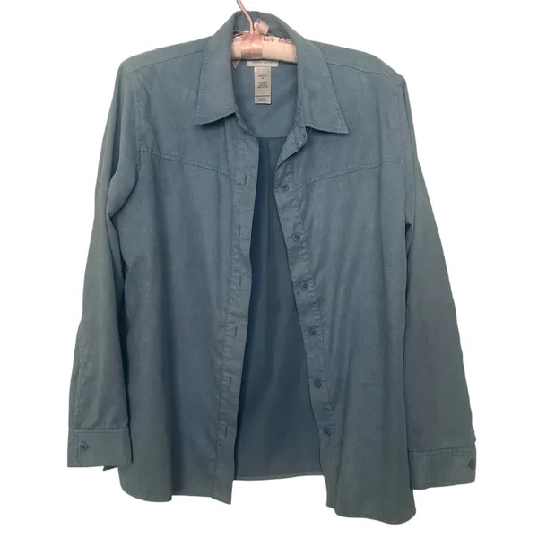 Vintage Liz Claiborne Dusty Blue Faux Suede Button Up Collared Shirt Longsleeve - Image 2