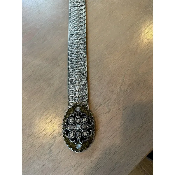 Belt OSFM Metal Silver Tone Elastic Stretch Oval Buckle w/ Enamel & Bling Vtg - Image 11