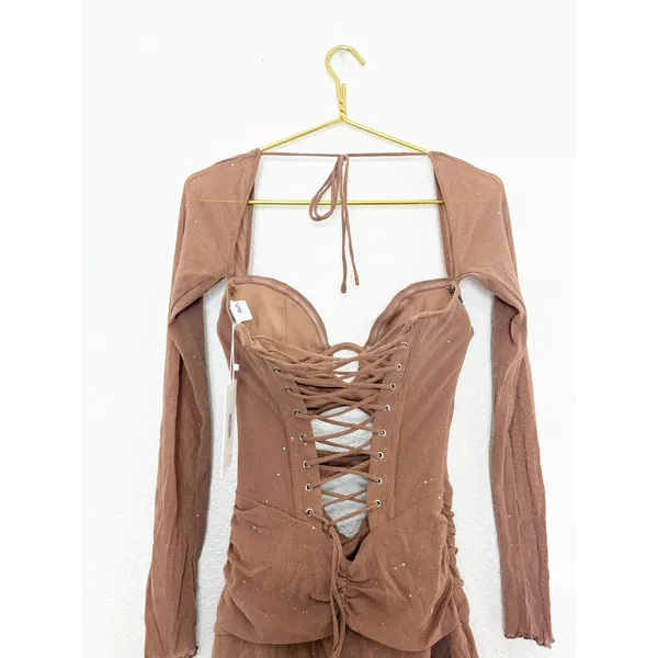 NWT Outcast Aubrey Long Sleeve Mini Dress Tan Corset Festival Sexy Size Small - Image 10