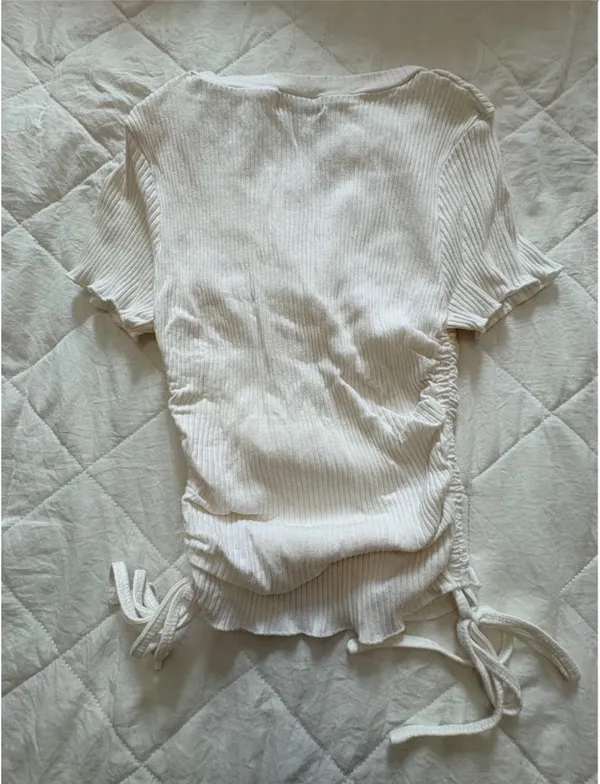 White Short Sleeved Top with Ruched Tie Details - Image 2