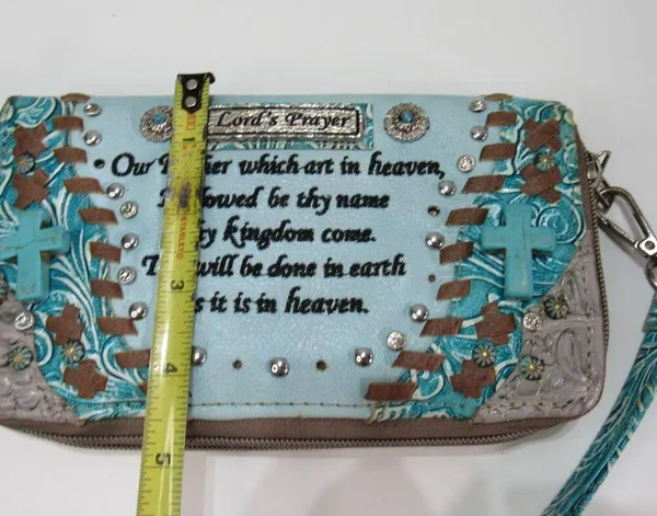 Teal Double Zip Studded Spiritual Tooled Cross Clutch Wallet Cowgirl Y2K - Image 3