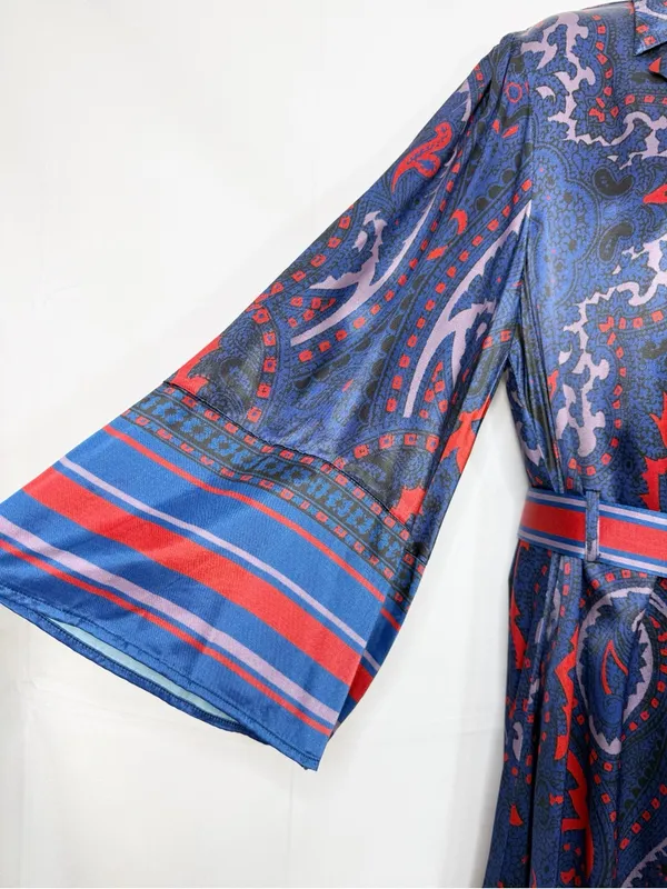 Hermoza Gabriela Printed Satin Belted Dress Midnight Blue Red - Image 7