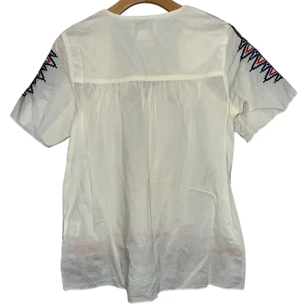 Anthropologie Pepin Women’s Size M White Red Blue Embroidered Cotton V-Neck Top - Image 6