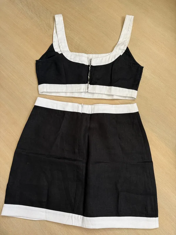Reformation Robbie Linen Black and White Contrast Crop Top & Mini Skirt Set - Image 6