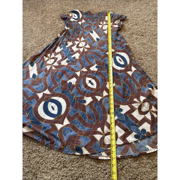 Türkis Otantik V Neck Blue & Brown Lightweight Cotton Midi Dress Medium - Image 5