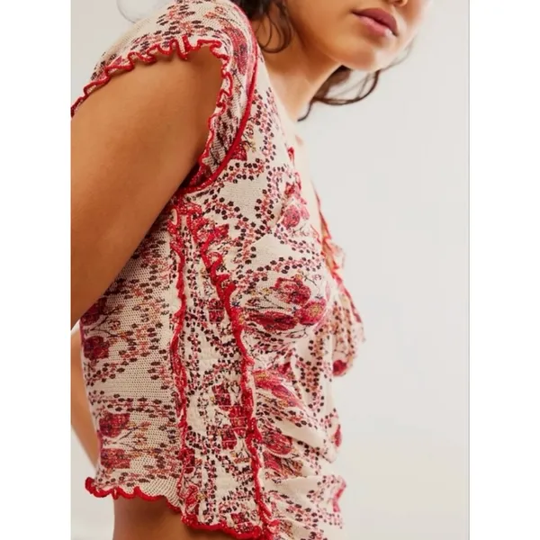 Free People Oh My Baby Mesh Tee L NWOT Sheer Y2K Fairy Grunge Top Red Floral - Image 3