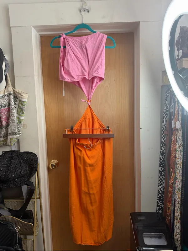 Women’s Linen Blend Colorblock Pink & Orange Sleeveless Maxi Dress. Size: XL - Image 4