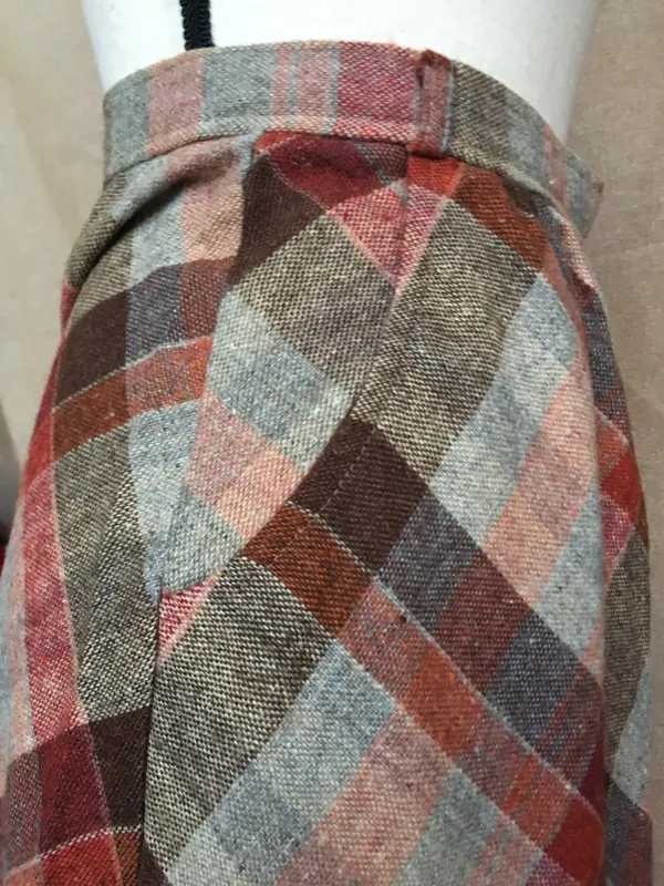 Vintage 70s Wool Diagonal Plaid Check Earth Tone Brown Red Tan A Line Midi Skirt - Image 3