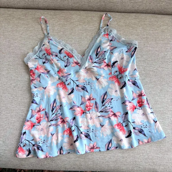 Jessica Simpson Floral Cami Top Large Lace Trim Coquette Cottage Romantic Whimsy - Image 2