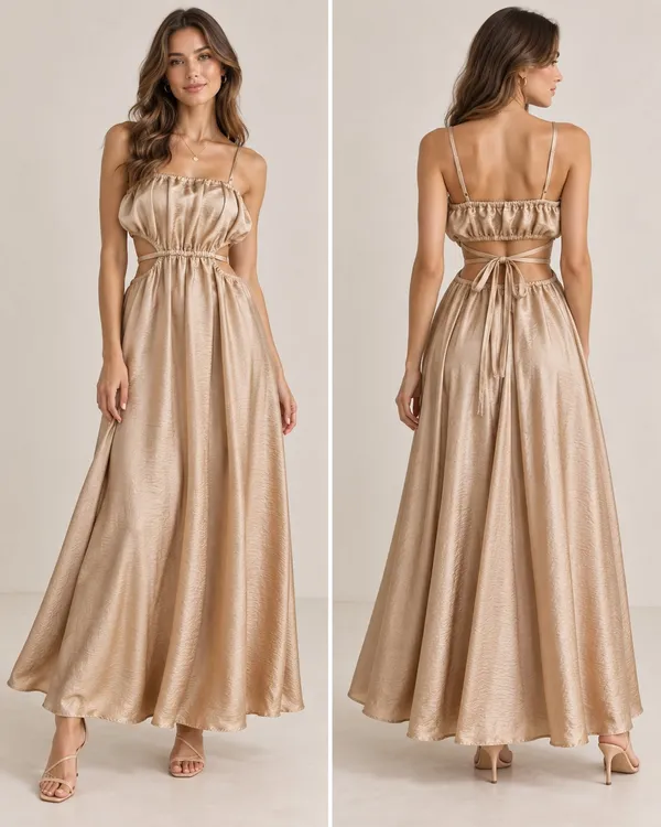SHEIN Champagne Satin Cutout Maxi Dress XS - Image 2