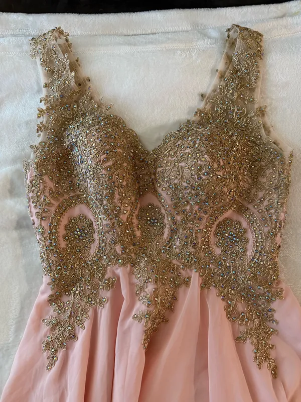 May Queen Couture Pink Chiffon Homecoming Dress with Gold Beaded Bodice Size 10 - Image 4