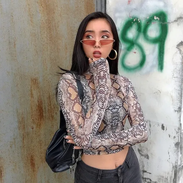 NWT Womens Y2K Mesh Snakeskin Crop Top Brown Mock Neck Sheer Long Sleeve Size L - Image 3