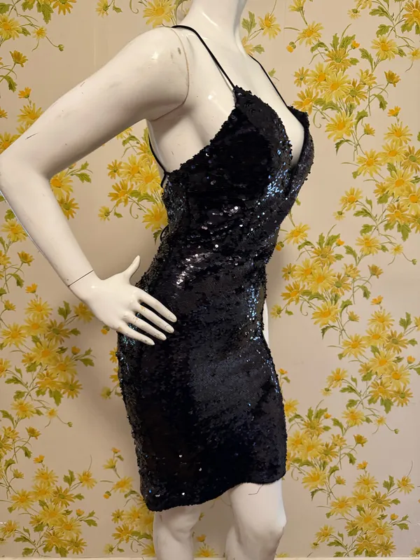 Sequined mini dress black size M Black Sequin V-Neck Lace-Up Short Party Dress - Image 3