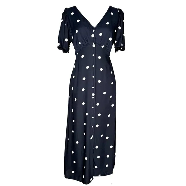 Old Navy M Polka Dot Midi Dress Navy Full‎ Button Front Classic Empire Waist - Image 4