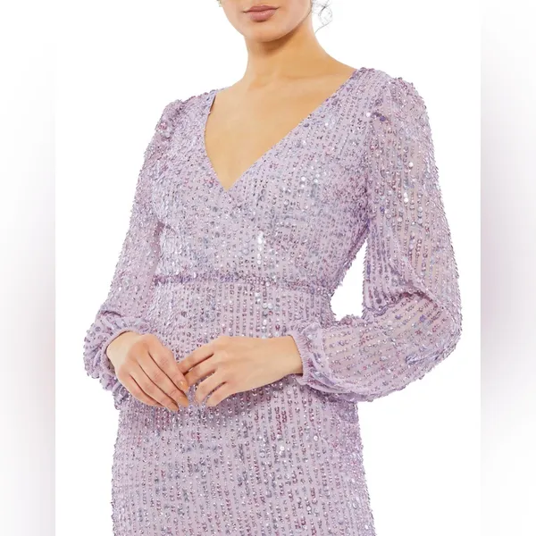 Mac Duggal Sequin Long Puff Sleeve Cocktail Midi in‎ Lavender- NWT - Image 2