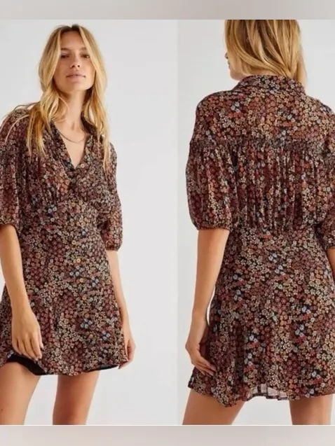 Free People Bonnie Mini Dress Size Large Floral Boho Dusk Combo - Image 2