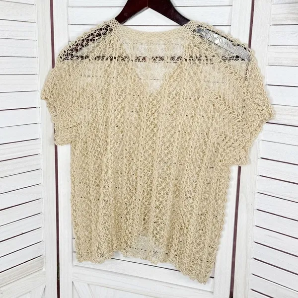 Vintage Boho Crochet Lace Sheer Topper Cardigan Button Up Tan Medium Cottagecore - Image 8