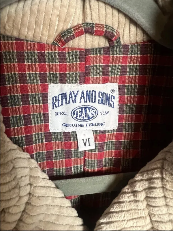 Vintage Replay And Sons Corduroy Pea Coat Beige/plaid Lining Size 6 Military - Image 3
