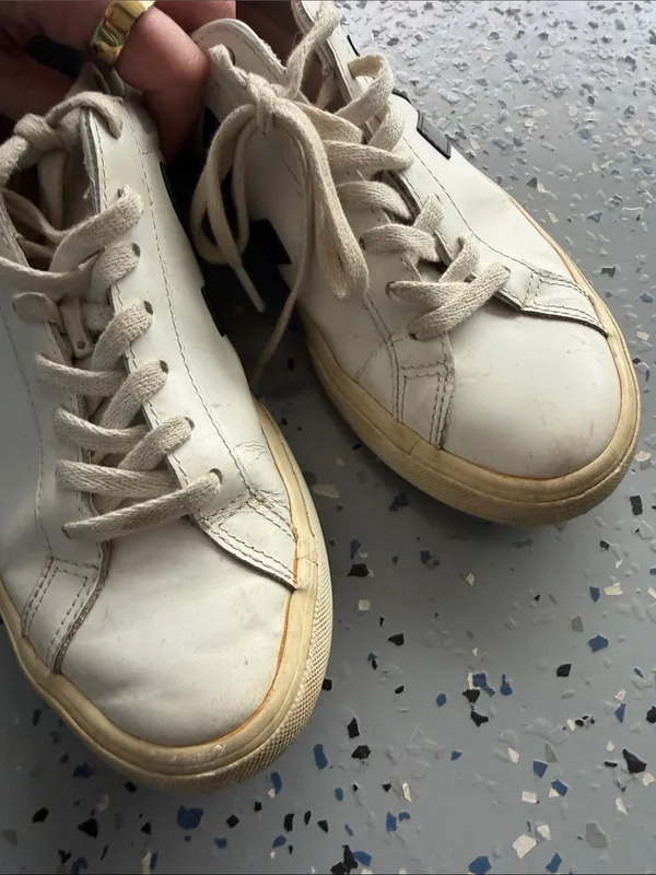 Veja White Sneakers with Black V Logo well used size 41 - Image 6