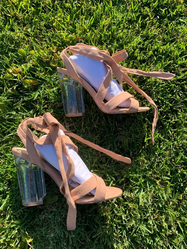 Qupid Beige Leg-Wrap Clear Block Heels - Image 6
