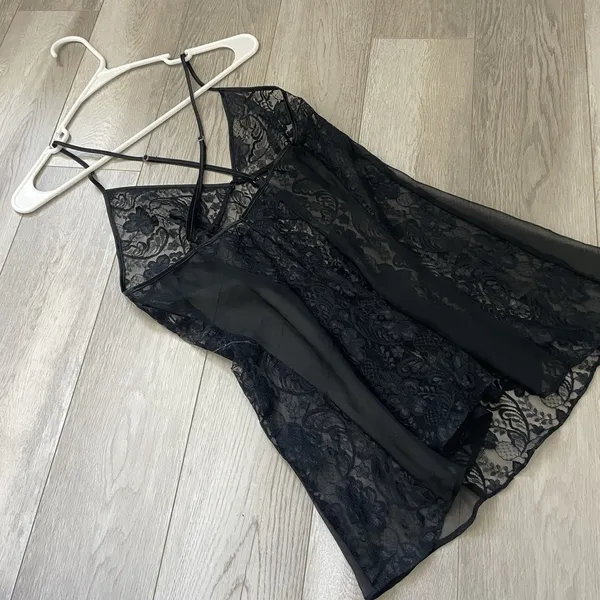 Frederick's of Hollywood Slip Dress lingerie sheer lace mesh mini womens Black (medium) sexy - Image 4
