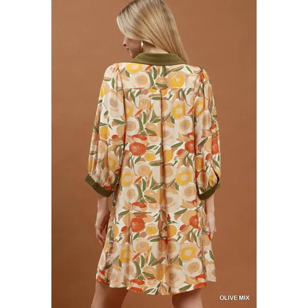 Umgee Mix Floral Contrast Trim Shift Mini Dress - Olive Mix - Medium - Image 3