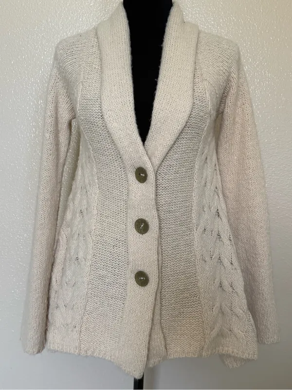 Free People Boho Cream Cable Knit Shawl Cardigan Fringe Wool Blend XS - Image 2