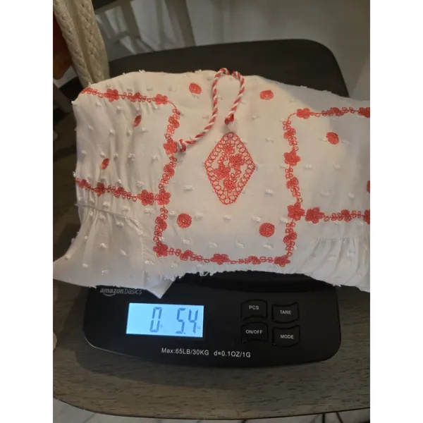 ​Solitaire Embroidered Large Coral & White Boho Swiss Dot Peasant Tie Neck Top - Image 9