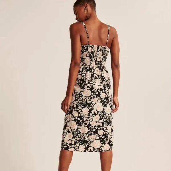 Abercrombie & Fitch Black Pink Floral Tie Front Midi Dress Size S Adjustable - Image 2
