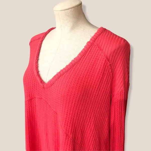 Free People Sunset Park Thermal Oversized Waffle Knit Red Coral Long Sleeve Boho - Image 2