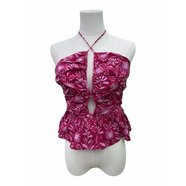 Free People Dandelion Floral Halter Top Pink Peplum Smocked Size Large NWT Boho - Image 3