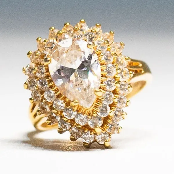 Vintage Lind Pear Cut Layered Cubic Zirconia Cocktail Ring: 14K HGE Gold, Size 6 - Image 6