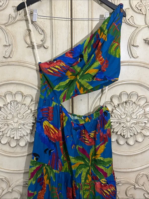 FARM RIO Blue Sunny Day One Shoulder Tropical Print Maxi Dress Sz:Medium - Image 5