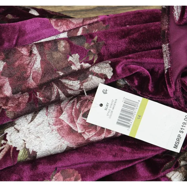 NWT SLNY Embellished Sheath Velvet Floral Print Dress Magenta Purple Multi 14 - Image 6