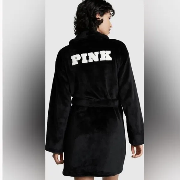 Victoria's Secret PINK Cozy Robe Size XS Black & White Logo Sleep Fluffy‎ PJ - Image 2
