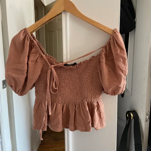 Forever 21 Burnt Orange Gingham Puff Sleeve Ruched Top - Image 5